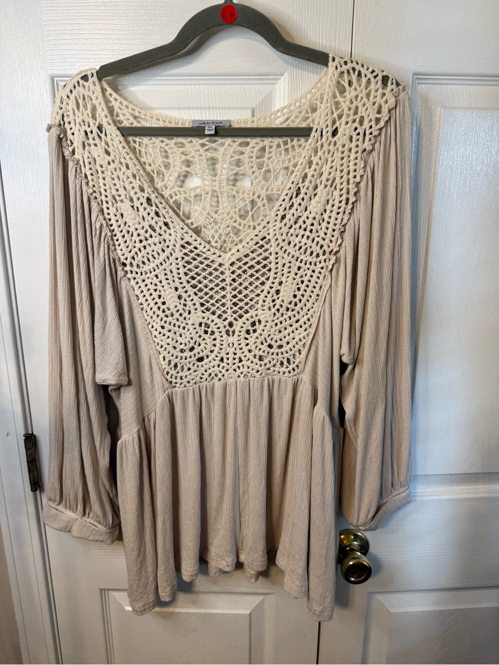 white birch Crochet Yoke Peasant Tunic - Taupe & Cream